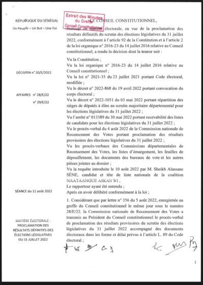 Le Conseil constitutionnel proclame les résultats définitifs des élections législatives du 31 juillet dernier et...rejette le recours de Sheikh Alassane Sène (DOCUMENT)