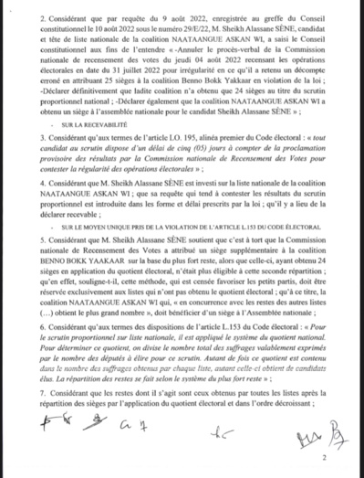 Le Conseil constitutionnel proclame les résultats définitifs des élections législatives du 31 juillet dernier et...rejette le recours de Sheikh Alassane Sène (DOCUMENT)