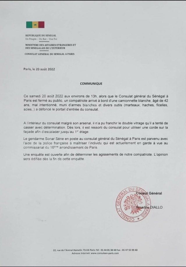 Le Consulat du Sénégal serait attaqué (DOCUMENT) Le Consulat du Sénégal serait attaqué (DOCUMENT)