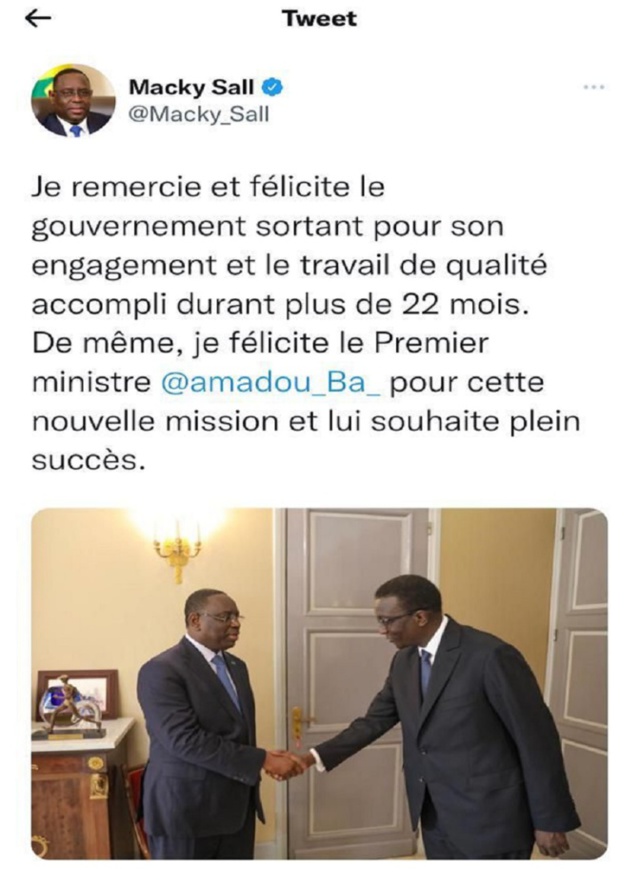 Amadou Ba nouveau Premier ministre : les félicitations et souhaits du président Macky Sall