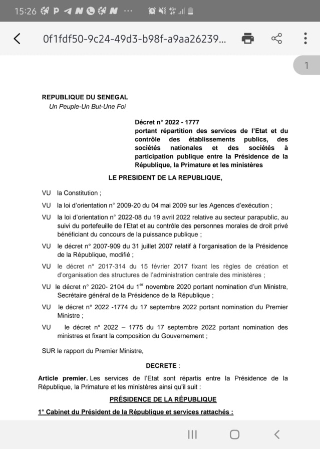 [Document] La Présidence publie le Décret portant répartition des services
