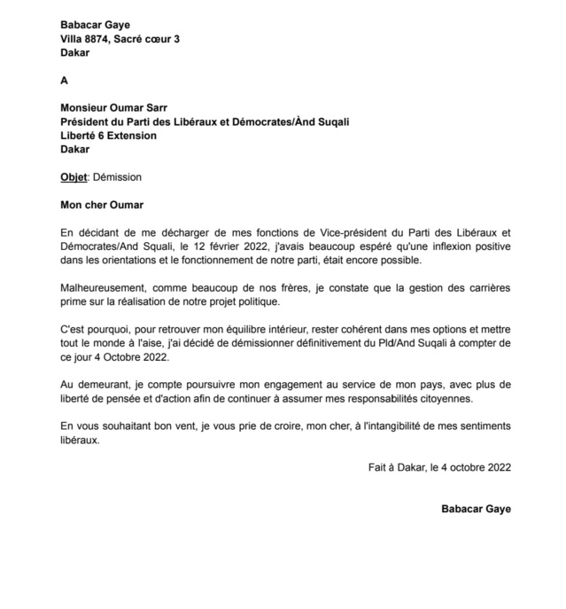 Démission du Parti des Libéraux et Démocrates/And Suquali - Babacar Gaye rompt ses chaines avec Oumar Sarr et Cie Démission du Parti des Libéraux et Démocrates/And Suquali - Babacar Gaye rompt ses chaines avec Oumar Sarr et Cie