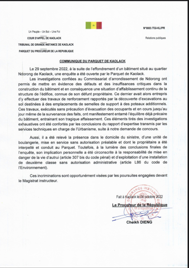 Effondrement du bâtiment à Kaolack : Le rapport d'expertise fait état de la situation d'affaiblissement du bâtiment, des travaux exécutés sans précaution d'évacuation des occupants et la présence d'une unité de boulangerie (parquet).