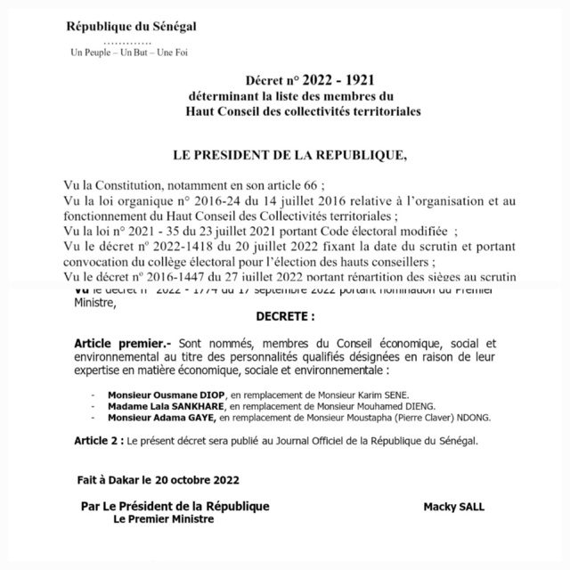 Dakaractu - Haut Conseil des Collectivités Territoriales : Le Président dresse la liste des 150 membres