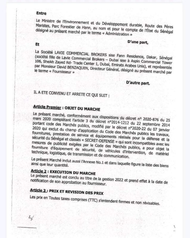Documents :Voici l'intégralité du contrat d’armement entre l’Etat du Senegal et " Petit Boube "