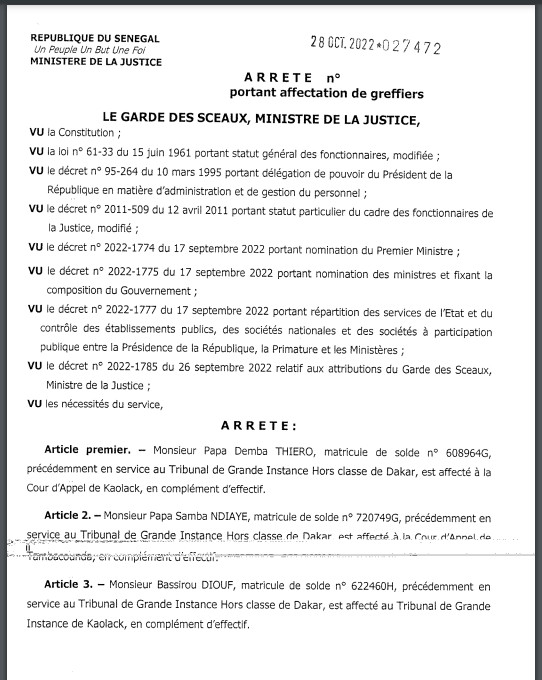 Affaire Adji Sarr - Ousmane Sonko : Pourquoi le greffier du Doyen des juges, a été affecté à Kaolack (Document) Affaire Adji Sarr - Ousmane Sonko : Pourquoi le greffier du Doyen des juges, a été affecté à Kaolack (Document)