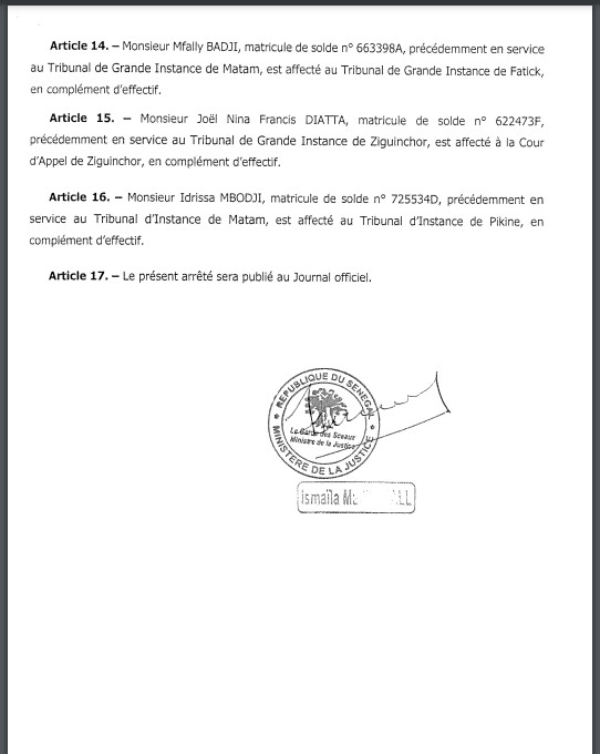 Affaire Adji Sarr - Ousmane Sonko : Pourquoi le greffier du Doyen des juges, a été affecté à Kaolack (Document) Affaire Adji Sarr - Ousmane Sonko : Pourquoi le greffier du Doyen des juges, a été affecté à Kaolack (Document)