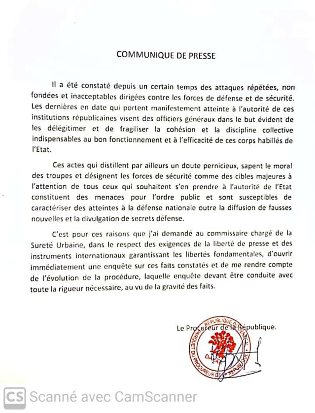 Le communiqué du procureur de la république sur l'arrestation du journaliste Pape Alé Niang Le communiqué du procureur de la république sur l'arrestation du journaliste Pape Alé Niang