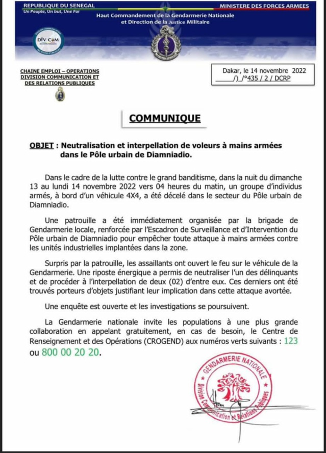 La gendarmerie neutralise un gang armé