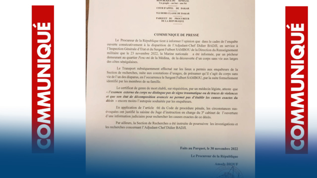 Disparition du sergent Fulbert Sambou : "L'examen externe du corps ne distingue pas de signe traumatique ou de traces de violences" (Procureur) Disparition du sergent Fulbert Sambou : "L'examen externe du corps ne distingue pas de signe traumatique ou de traces de violences" (Procureur)