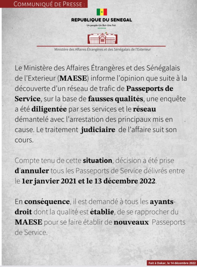 Démantèlement d'un Réseau de trafic de Passeports de Service: Le Ministère des Affaires étrangères annonce l'annulation de tous les Passeports de Service délivrés entre le 1er janvier 2021 et le 13 décembre 2022 Démantèlement d'un Réseau de trafic de Passeports de Service: Le Ministère des Affaires étrangères annonce l'annulation de tous les Passeports de Service délivrés entre le 1er janvier 2021 et le 13 décembre 2022