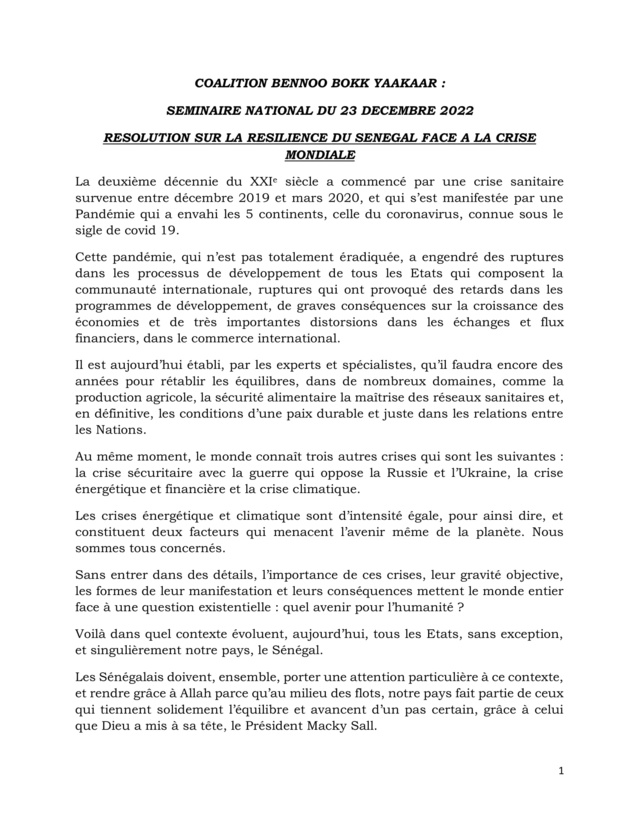 SEMINAIRE DE LA COALITION BENNO DU 23 DECEMBRE 2022- VOICI LA RESOLUTION SUR LA RESILIENCE DU SENEGAL FACE A LA CRISE MONDIALE (DOCUMENT)