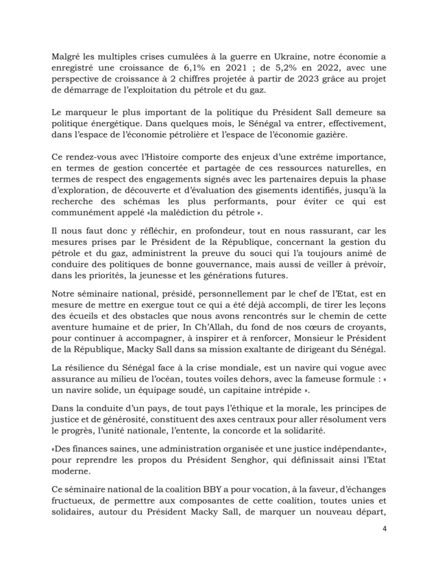 SEMINAIRE DE LA COALITION BENNO DU 23 DECEMBRE 2022- VOICI LA RESOLUTION SUR LA RESILIENCE DU SENEGAL FACE A LA CRISE MONDIALE (DOCUMENT)