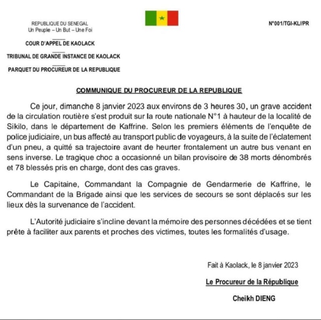 Accident tragique à Kaffrine : « l’éclatement d’un pneu serait à l’origine de l’accident (procureur) Accident tragique à Kaffrine : « l’éclatement d’un pneu serait à l’origine de l’accident (procureur)