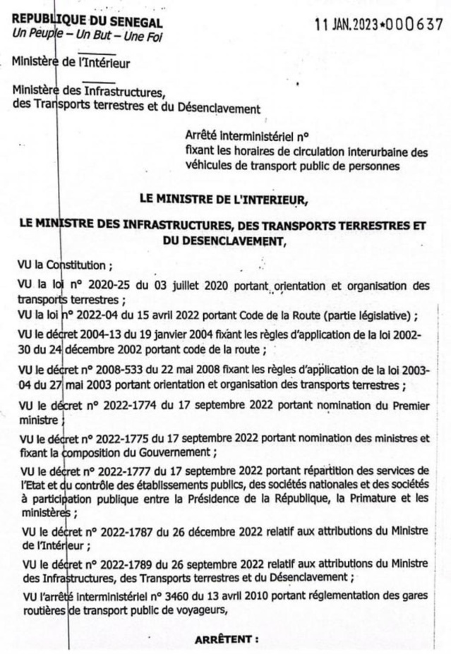 Les détails de l'arrêté d'interdiction du transport interurbain de 23h à 05H