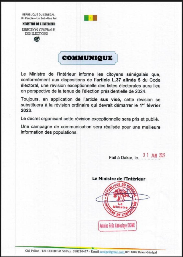Présidentielle de 2024 : Le Ministre de l’Intérieur annonce la révision exceptionnelle des listes électorales Présidentielle de 2024 : Le Ministre de l’Intérieur annonce la révision exceptionnelle des listes électorales