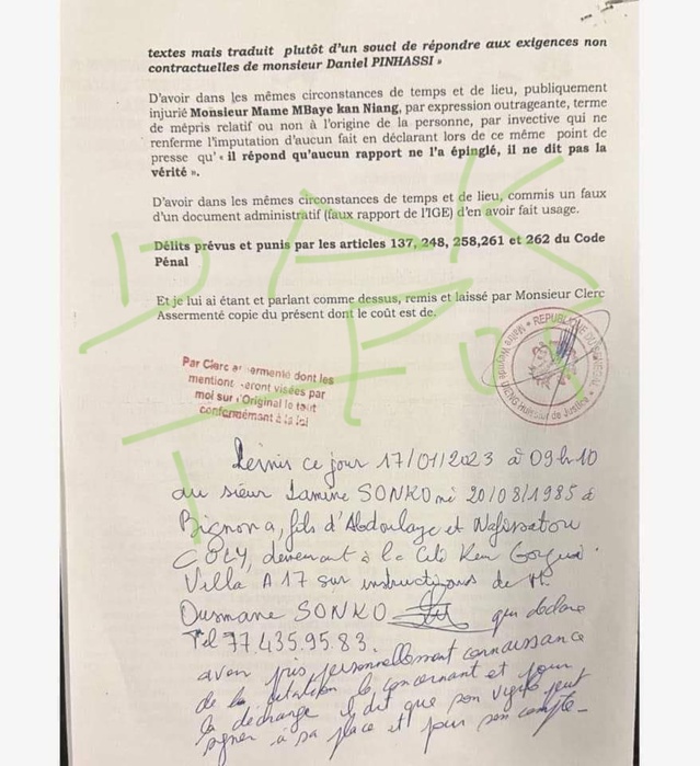 Trainé devant la barre par Mambaye Niang, l'opposant Ousmane Sonko a bel et bien reçu sa convocation (DOCUMENT) Trainé devant la barre par Mambaye Niang, l'opposant Ousmane Sonko a bel et bien reçu sa convocation (DOCUMENT)