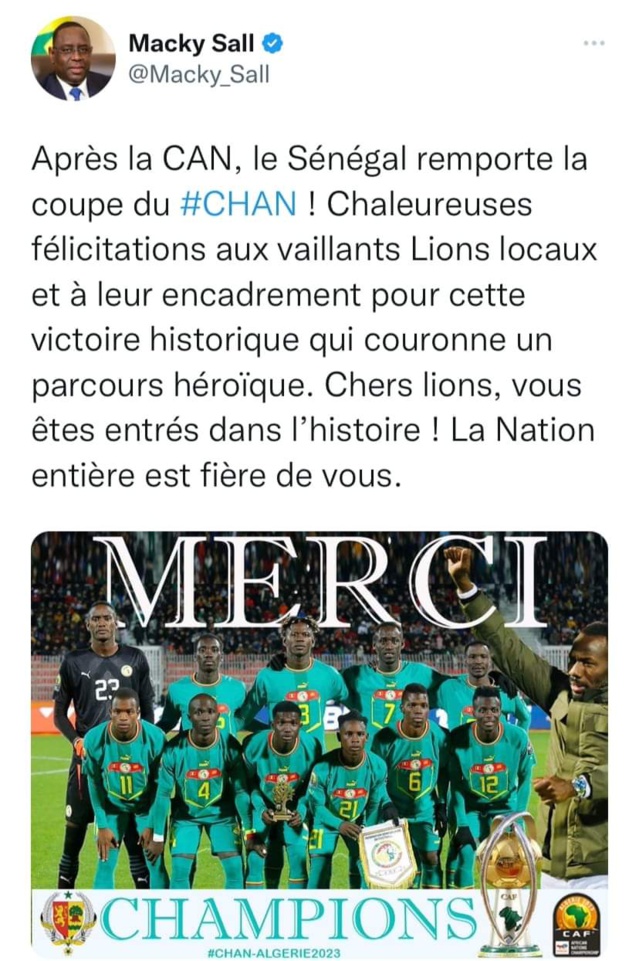CHAN : La réaction de Macky Sall après le sacre des Lions CHAN : La réaction de Macky Sall après le sacre des Lions