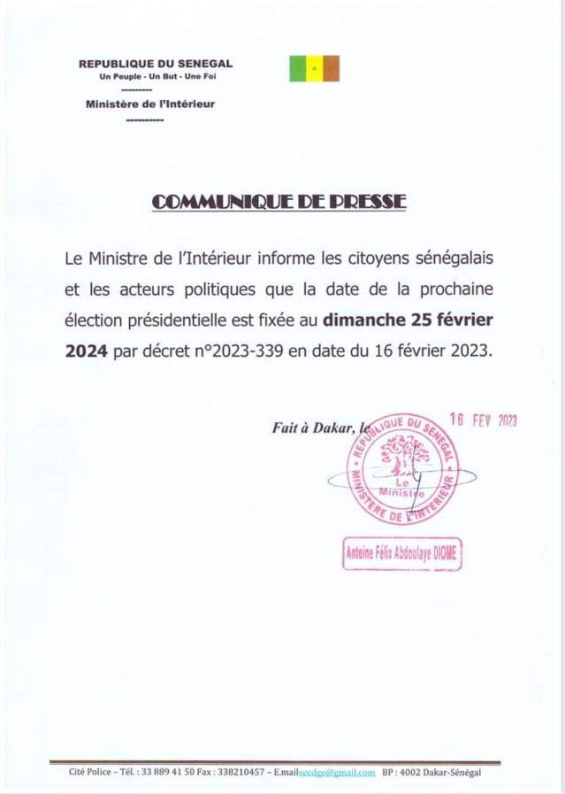 La date de la prochaine élection Présidentielle fixée au dimanche 25 Février 2024 (document) La date de la prochaine élection Présidentielle fixée au dimanche 25 Février 2024 (document)