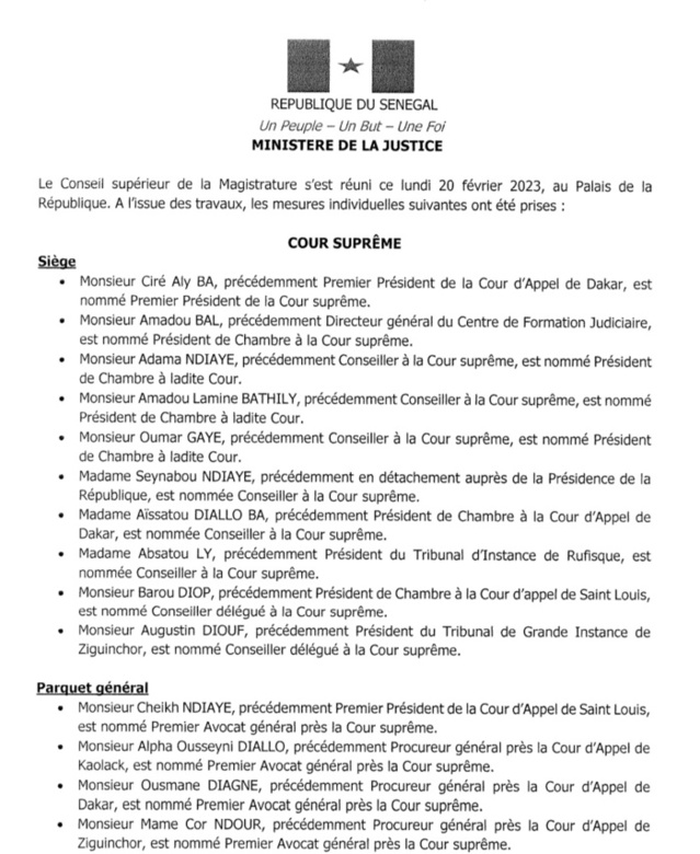 Sénégal - Jeu de chaises musicales dans la magistrature : Voici l'intégralité des nominations du CSM (Document) Sénégal - Jeu de chaises musicales dans la magistrature : Voici l'intégralité des nominations du CSM (Document)