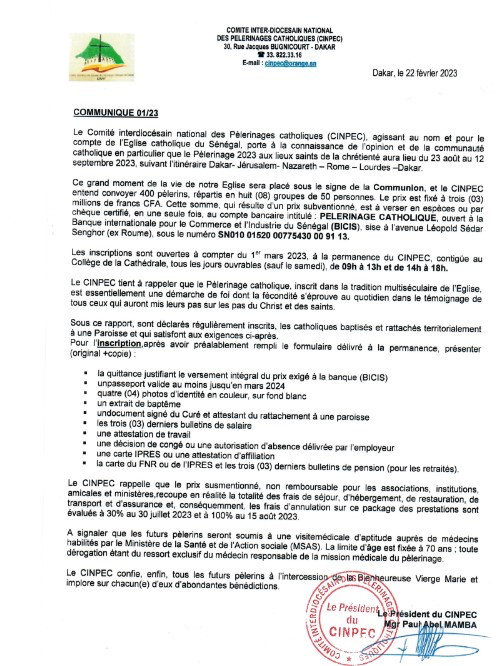 Pèlerinage catholique : ouverture des inscriptions à compter du 1er mars Pèlerinage catholique : ouverture des inscriptions à compter du 1er mars
