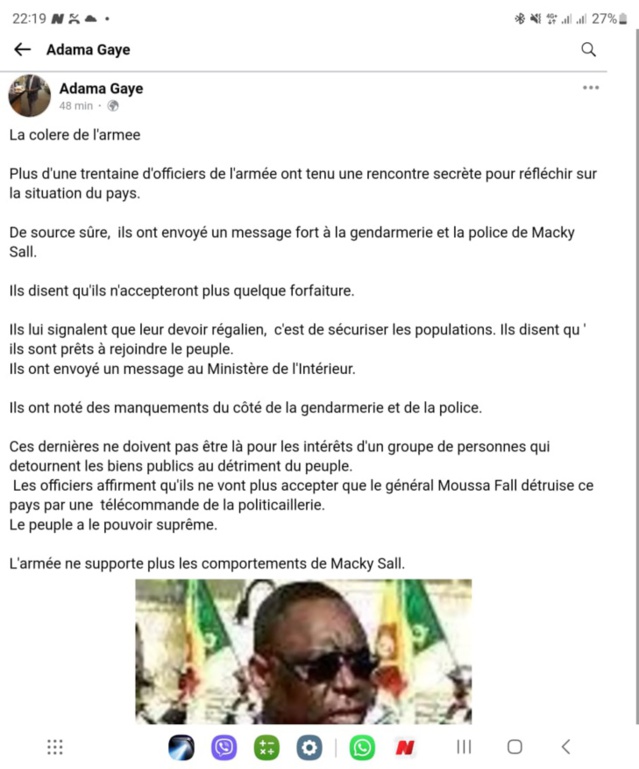 Fake new/ Eventuelle colère de l’Armée: Adama Gaye, planqué à l’étranger fait preuve d’irresponsabilité illimitée