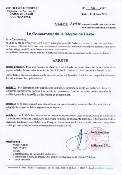 Vente de carburant au détail : Le gouverneur de Dakar signe l’arrêté portant son interdiction et met en garde tout contrevenant Vente de carburant au détail : Le gouverneur de Dakar signe l’arrêté portant son interdiction et met en garde tout contrevenant