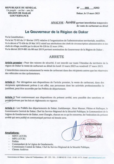 Vente de carburant au détail : Le gouverneur de Dakar signe l’arrêté portant son interdiction et met en garde tout contrevenant