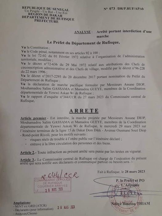 Rufisque : le Préfet du Département de Rufisque interdit la manifestation de Yewwi Askan Wi