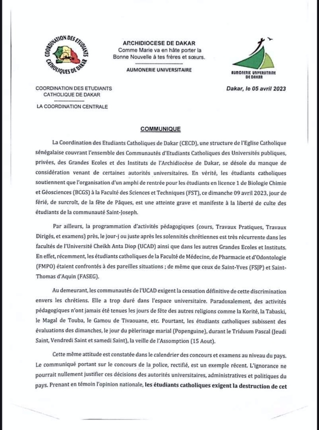 UCAD -La Coordination des Étudiants Catholiques dénoncent une discrimination...Les autorités universitaires au banc des accusés... UCAD -La Coordination des Étudiants Catholiques dénoncent une discrimination...Les autorités universitaires au banc des accusés...