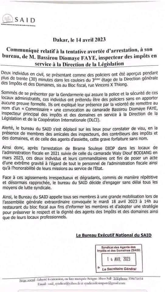 Le Syndicat Autonome des Agents des Impôts et des Domaines (SAID) prend fait et cause pour leur collègue Bassirou Diomaye Faye et convoque une AG (COMMUNIQUÉ) Le Syndicat Autonome des Agents des Impôts et des Domaines (SAID) prend fait et cause pour leur collègue Bassirou Diomaye Faye et convoque une AG (COMMUNIQUÉ)