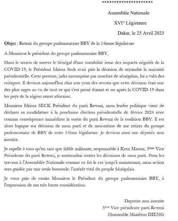 Urgent- La députée Marietou Dieng quitte le groupe parlementaire BBY. Urgent- La députée Marietou Dieng quitte le groupe parlementaire BBY.