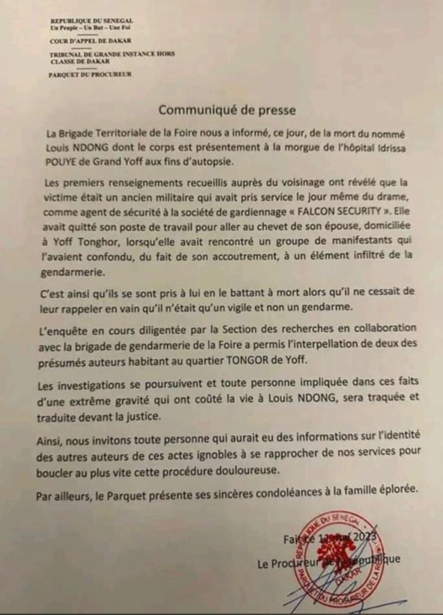 Mort d’un vigile à Yoff: La victime aurait été mortellement battue par des manifestants (Parquet)