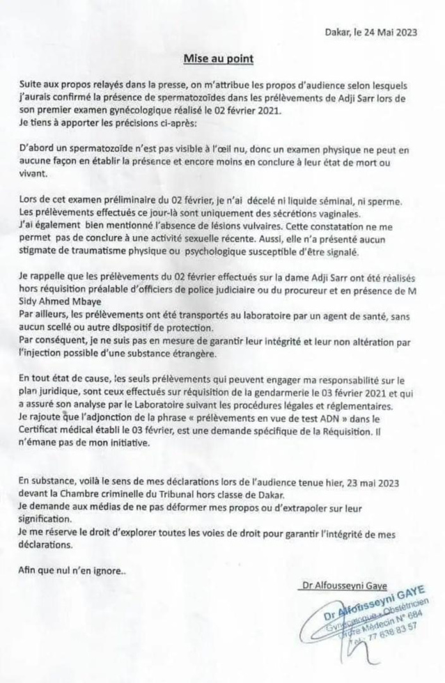 Présence de spermatozoïdes dans les prélèvements de Adji Sarr : démenti et éclairage du Gynecologue Alfotisseyni Gaye