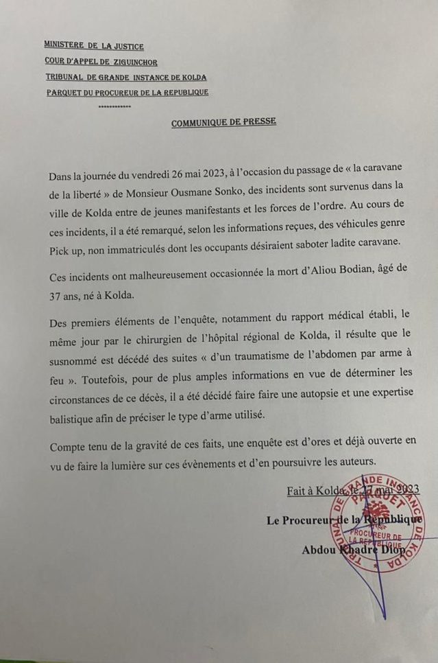 Incidents de la Caravane de la Liberté d'Ousmane Sonko: Les précisions du Procureur de la République du Tribunal de Grande Instance de Kolda Incidents de la Caravane de la Liberté d'Ousmane Sonko: Les précisions du Procureur de la République du Tribunal de Grande Instance de Kolda