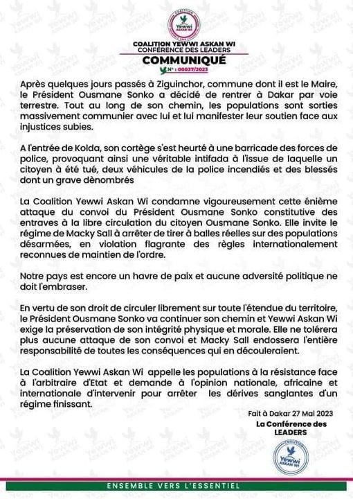 Attaques policières contre le convoi du président Ousmane SONKO: la coalition Yewwi Askan Wi condamne Attaques policières contre le convoi du président Ousmane SONKO: la coalition Yewwi Askan Wi condamne
