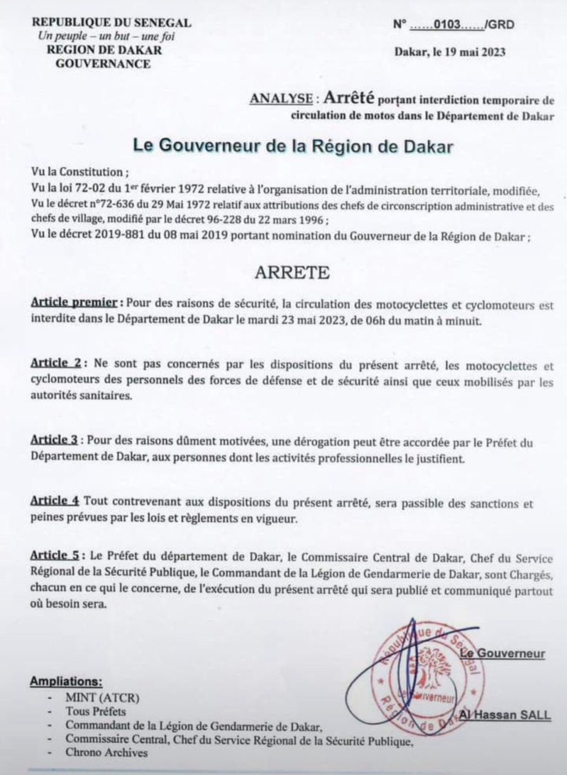 [Document] La circulation des motocyclettes interdite jusqu’à demain mardi