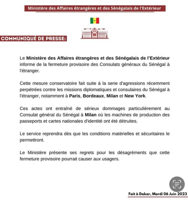 Le Sénégal ferme ses consulats à l’étranger jusqu’à nouvel ordre Le Sénégal ferme ses consulats à l’étranger jusqu’à nouvel ordre