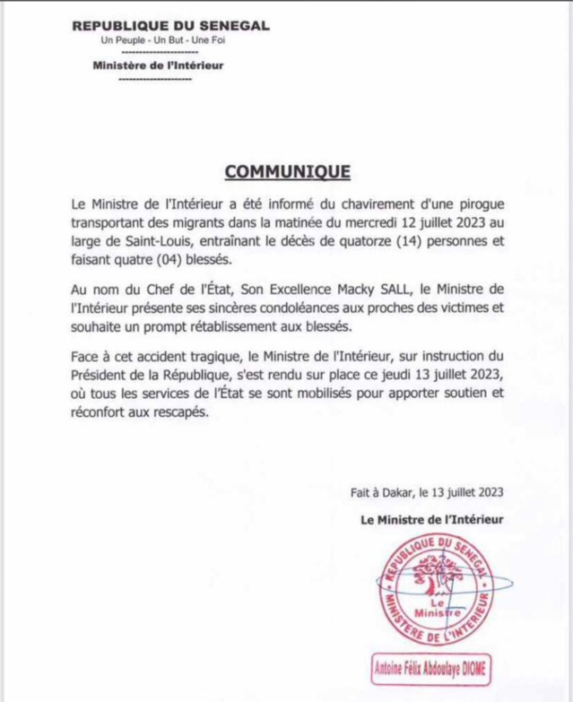 Chavirement d’une pirogue de migrants : Le ministère de l’intérieur annonce 14 morts et 4 blessés.