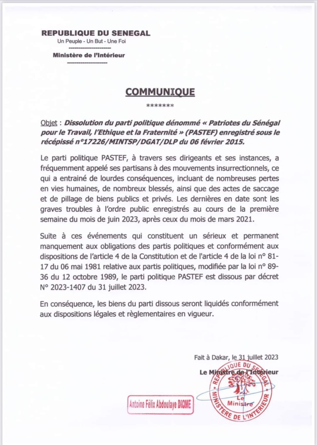 SÉNÉGAL- Le parti de Sonko... dissous (DOCUMENT)