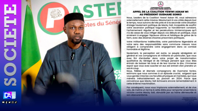 Grève de la faim : La coalition Yewwi Askan Wi demande à Ousmane Sonko de "mettre un terme à sa diète" Grève de la faim : La coalition Yewwi Askan Wi demande à Ousmane Sonko de "mettre un terme à sa diète"