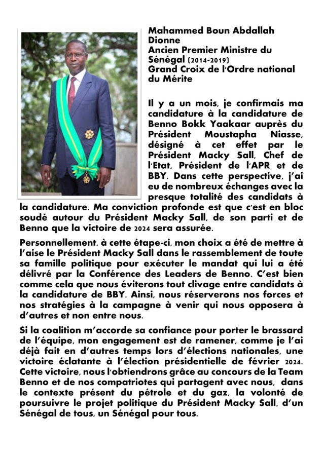 Présidentielle de 2024 : Mahammed Boun Abdallah Dionne promet une « victoire éclatante » de la coalition BBY si…