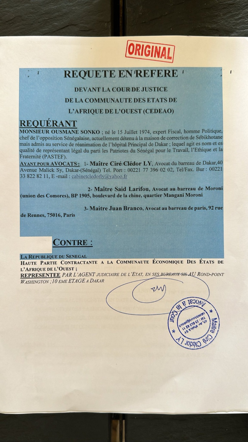 Les avocats de Sonko dépose une Requête en Référé à la Cour de justice de la Cedeao pour sa libération