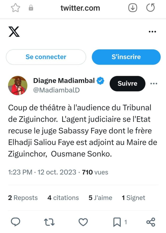 Tribunal de Ziguinchor/ L'Agent judiciaire de l'Etat récuse le juge Sabassy Faye : Madiambal Diagne révèle les raisons
