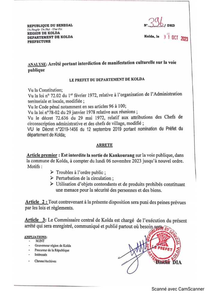 KOLDA : Le préfet signe un arrêté interdisant le "kankourang". KOLDA : Le préfet signe un arrêté interdisant le "kankourang".