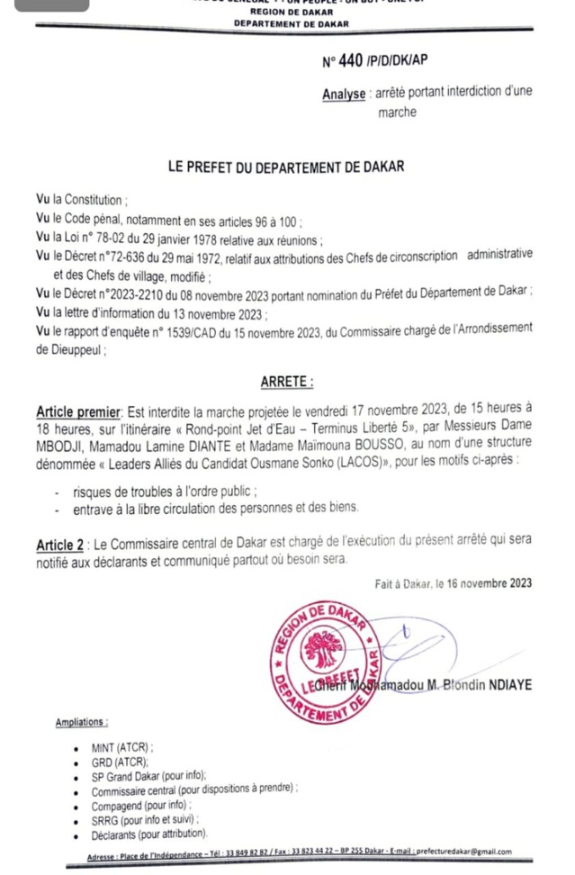 Le Préfet de Dakar interdit la marche de l’opposition prévue ce vendredi (EXCLUSIVITÉ DAKARPOSTE) Le Préfet de Dakar interdit la marche de l’opposition prévue ce vendredi (EXCLUSIVITÉ DAKARPOSTE)
