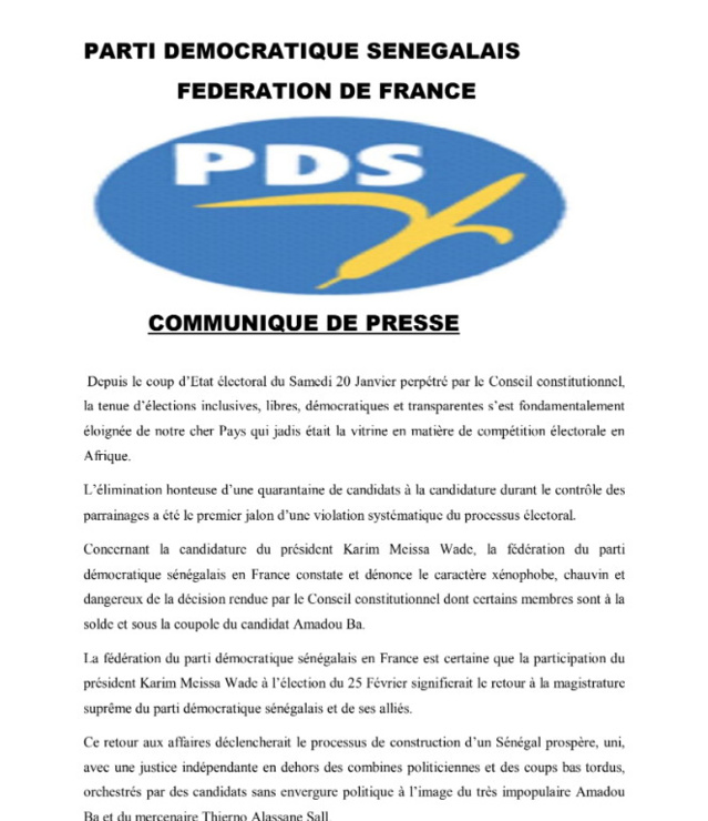 Présidentielle 2024: La fédération du PDS/France et la section communale de Saint-Louis exigent le report du scrutin du 25 février Présidentielle 2024: La fédération du PDS/France et la section communale de Saint-Louis exigent le report du scrutin du 25 février