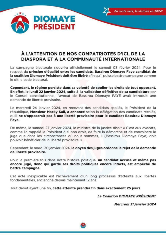 Le doyen des juges Oumar Maham Diallo rejette la demande de liberté provisoire de Bassirou Diomaye Faye Le doyen des juges Oumar Maham Diallo rejette la demande de liberté provisoire de Bassirou Diomaye Faye