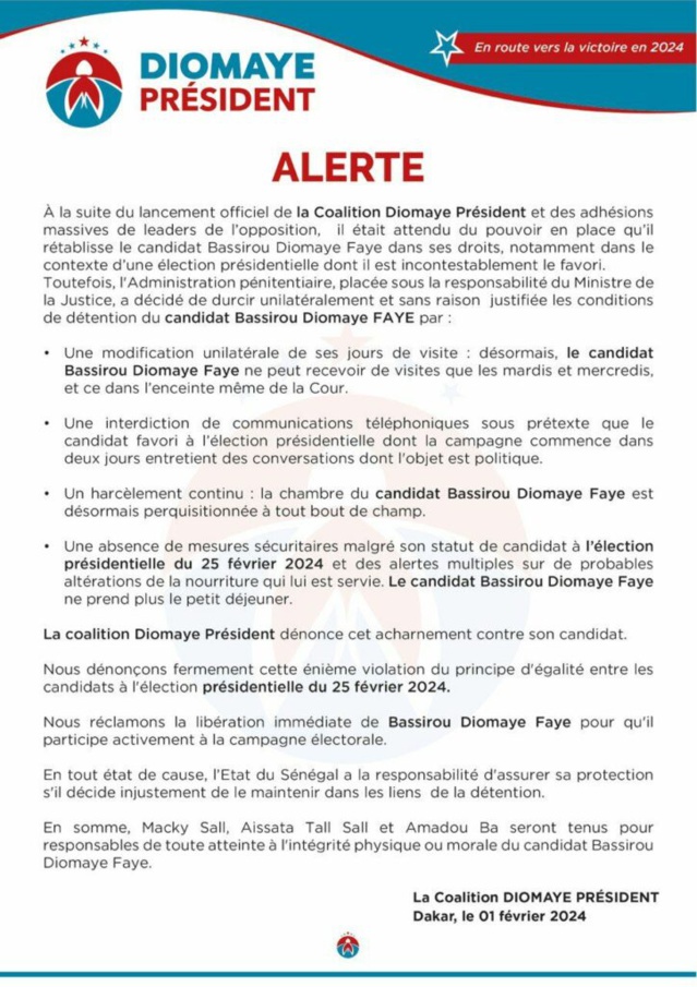 L’administration pénitentiaire corse les conditions de détention du candidat Bassirou Diomaye Faye . Sa coalition dénonce L’administration pénitentiaire corse les conditions de détention du candidat Bassirou Diomaye Faye . Sa coalition dénonce