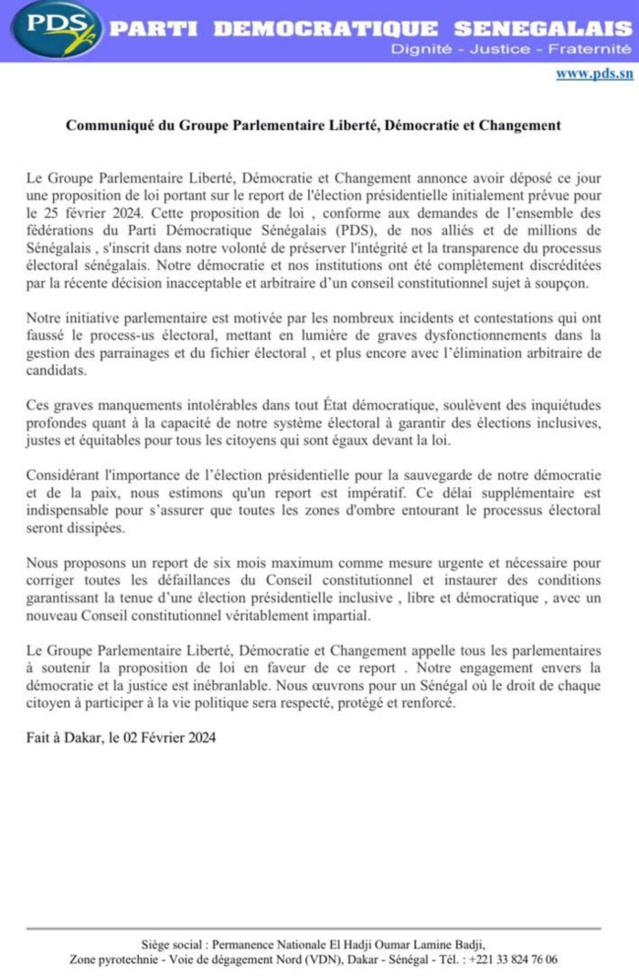 Scrutin présidentiel de 2024: Le Pds propose un report de 6 mois pour corriger « les défaillances du CC » Scrutin présidentiel de 2024: Le Pds propose un report de 6 mois pour corriger « les défaillances du CC »